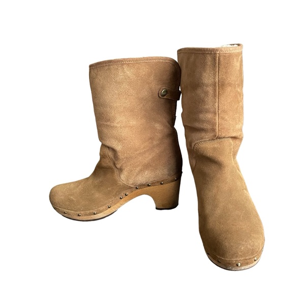 Ugg Lynnea Clog Boots Tan Suede Sheepskin Lined Fold Over Cuff Size 7 - Picture 6 of 11